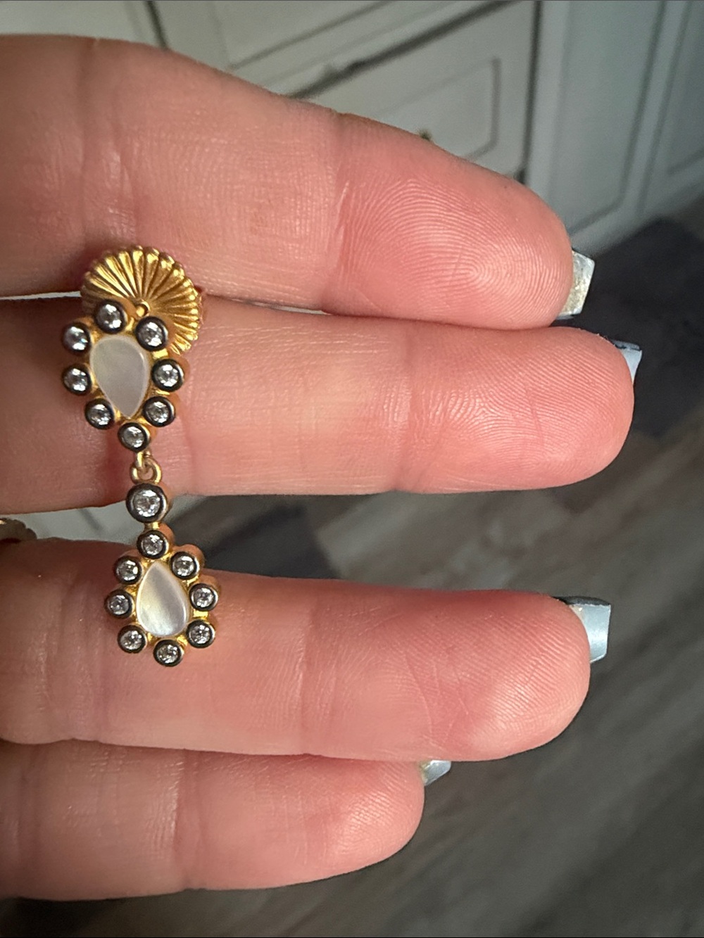 Gold-Tone Drop Earrings with White Pear-Shaped Stones - Picture 2 of 2